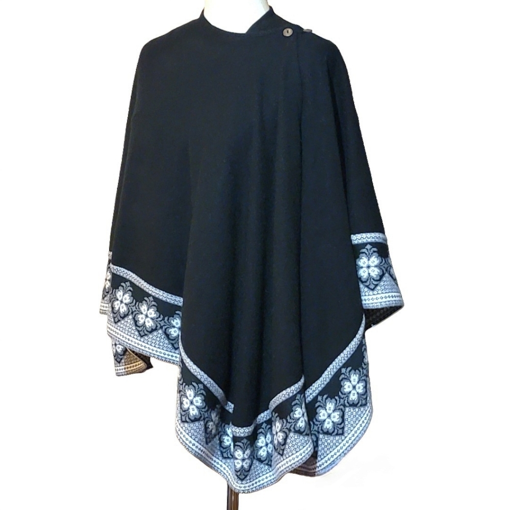 'Lorena Original Design' Black, Grey & White Floral Wrap / Cape / Shawl, Large
